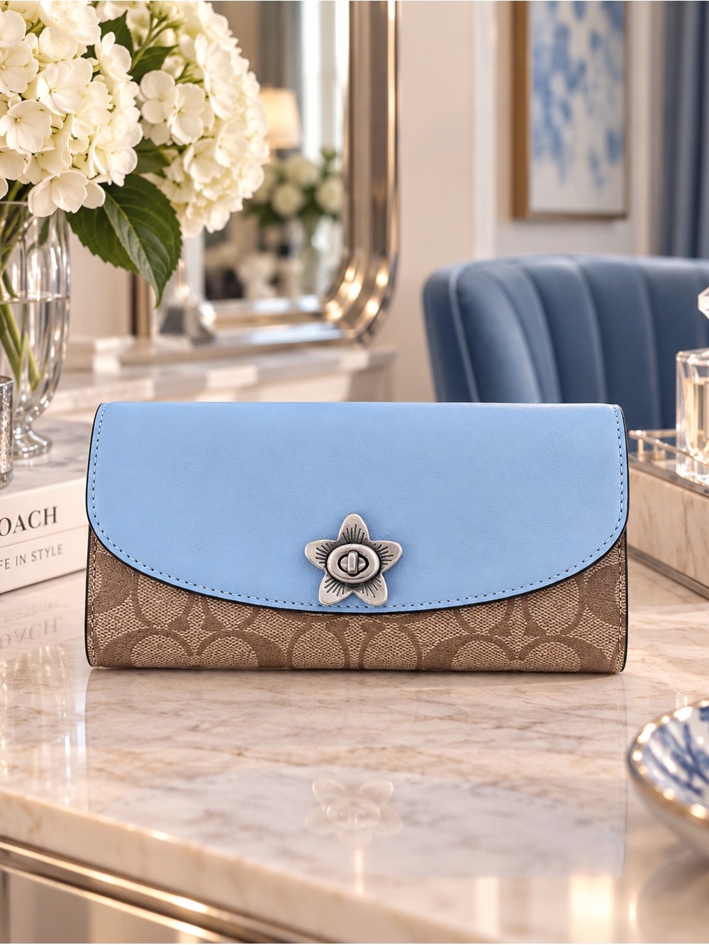 COACH Cornflower Blue & Brown Signature Canvas Flap Wallet Clutch